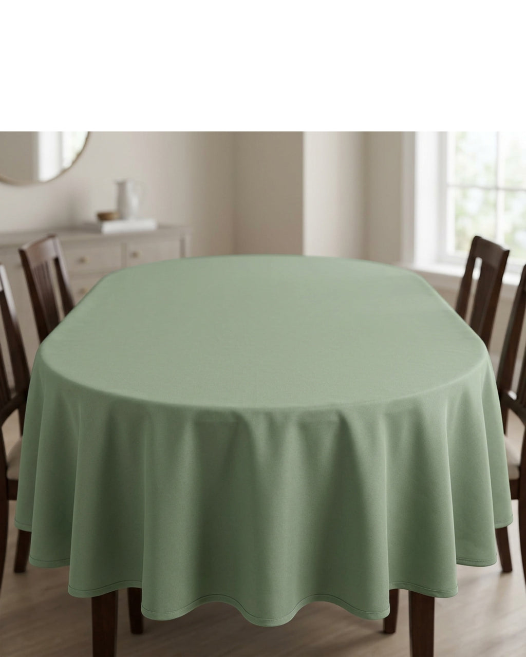 Wdkmp Oval Polyester Tablecloth Sage 60 by 102 Inch - Lifestyle view