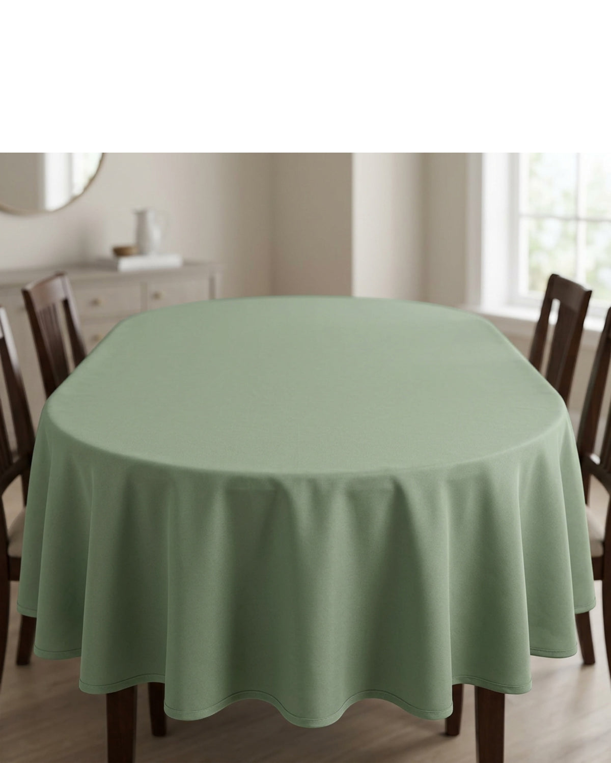 Wdkmp Oval Polyester Tablecloth Sage 60 by 102 Inch - Lifestyle view