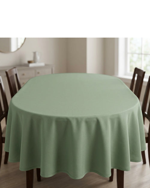Wdkmp Oval Polyester Tablecloth Sage 60 by 102 Inch - Lifestyle view